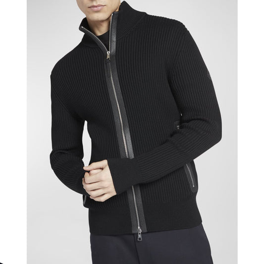 Moncler Ribbed Cardigan with Leather Trim