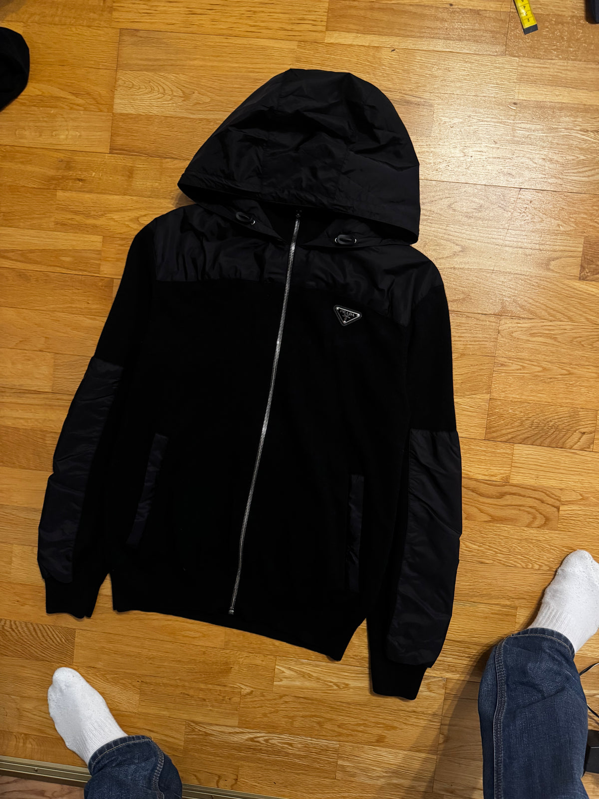 Prada Hooded Nylon Wool Zip Cardigan