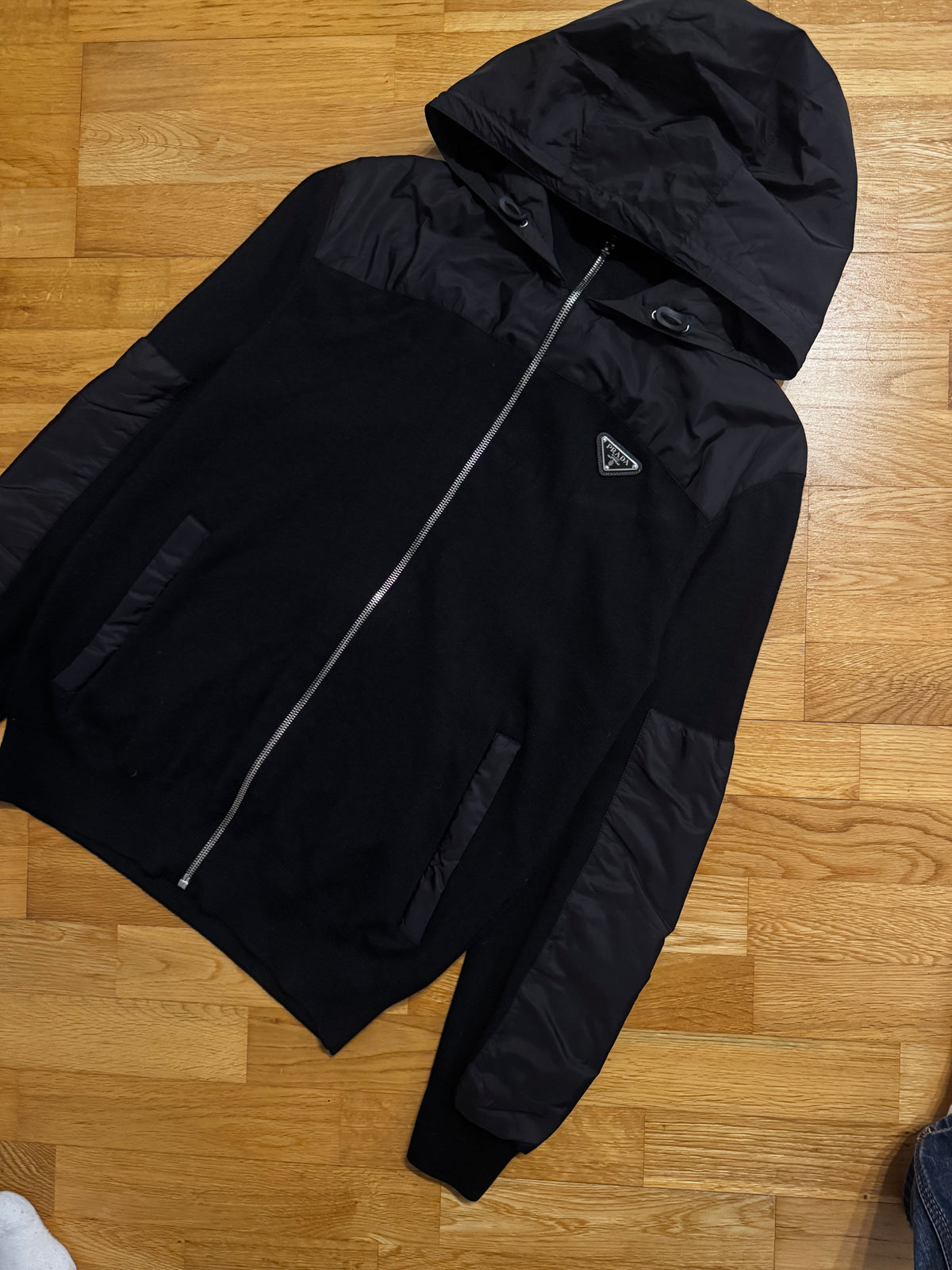Prada Hooded Nylon Wool Zip Cardigan