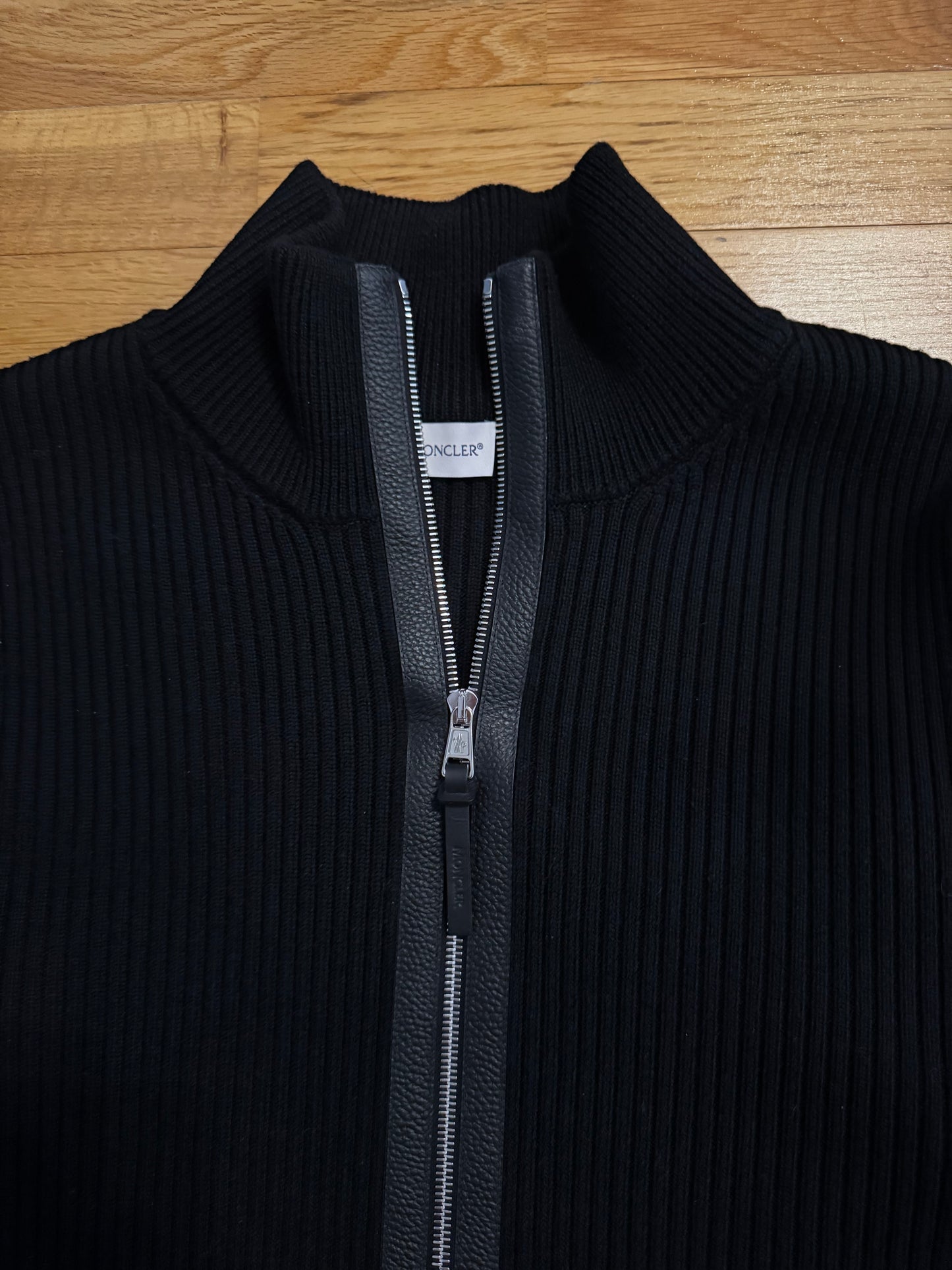 Moncler Ribbed Cardigan with Leather Trim