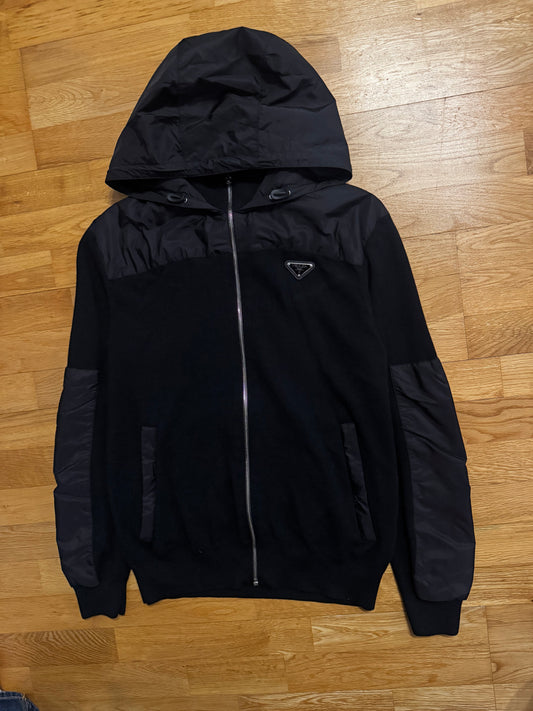 Prada Hooded Nylon Wool Zip Cardigan