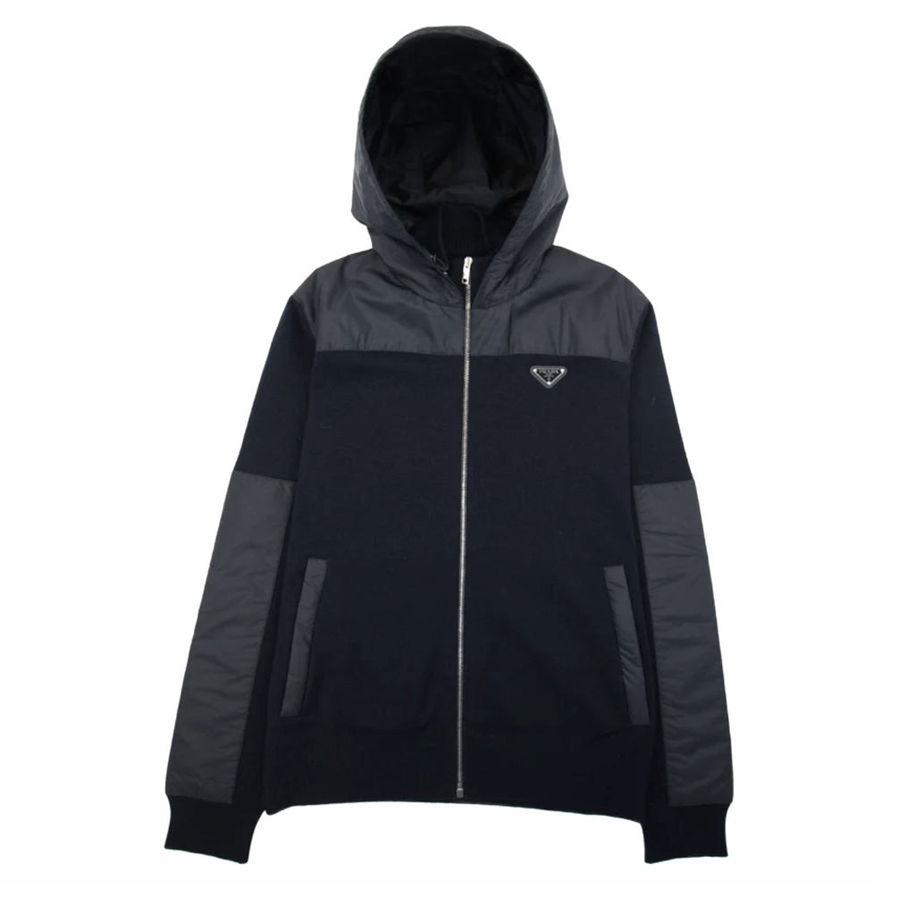 Prada Hooded Nylon Wool Zip Cardigan