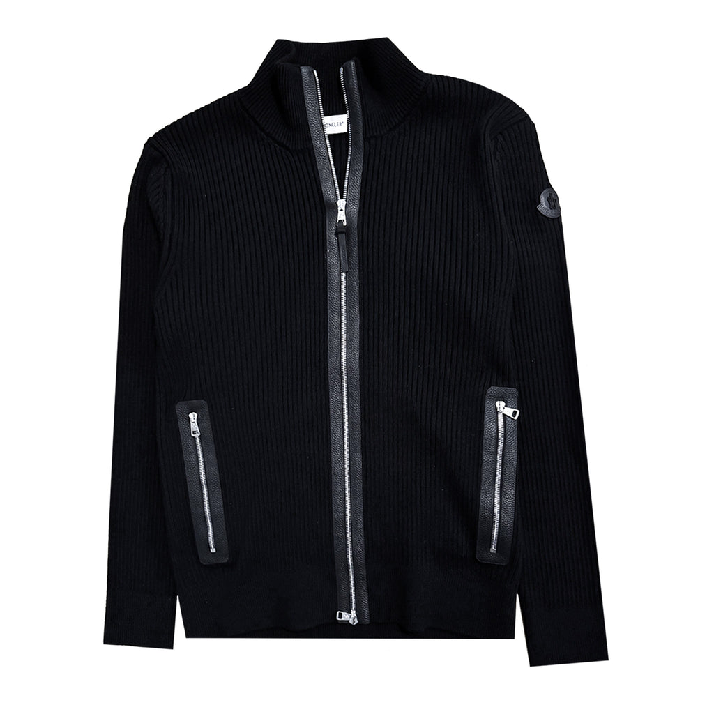 Moncler Ribbed Cardigan with Leather Trim